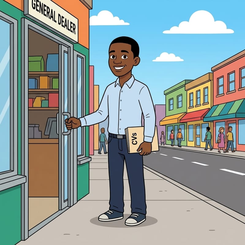 Thabo wat 'n winkel instap om vir werk te vra, netjies en selfversekerd met sy CV's in die hand
