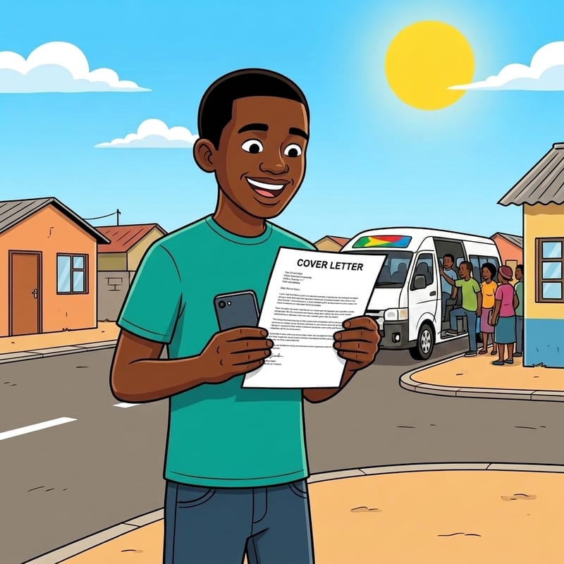 Thabo smiling with the finished cover letter he made on WhatsApp
