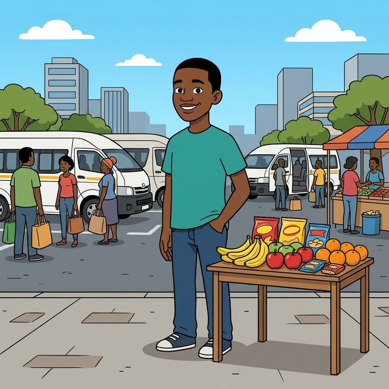 Thabo verkoop by 'n taxistaanplek — selfstandige werkondervinding