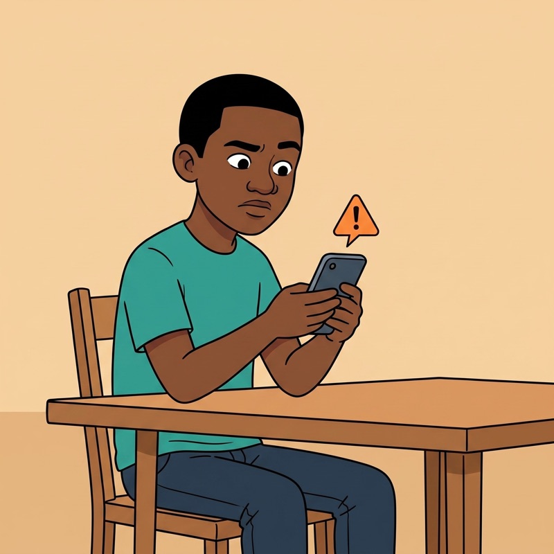 Thabo carefully checking a suspicious job message on his phone