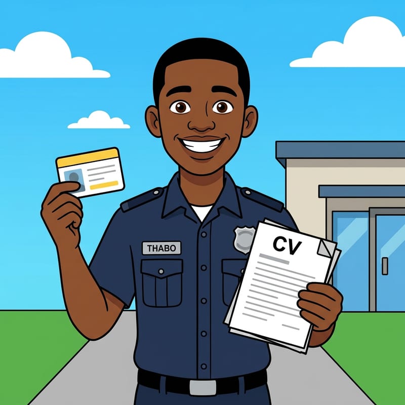 Thabo holding his PSIRA registration card and his CV, ready to apply