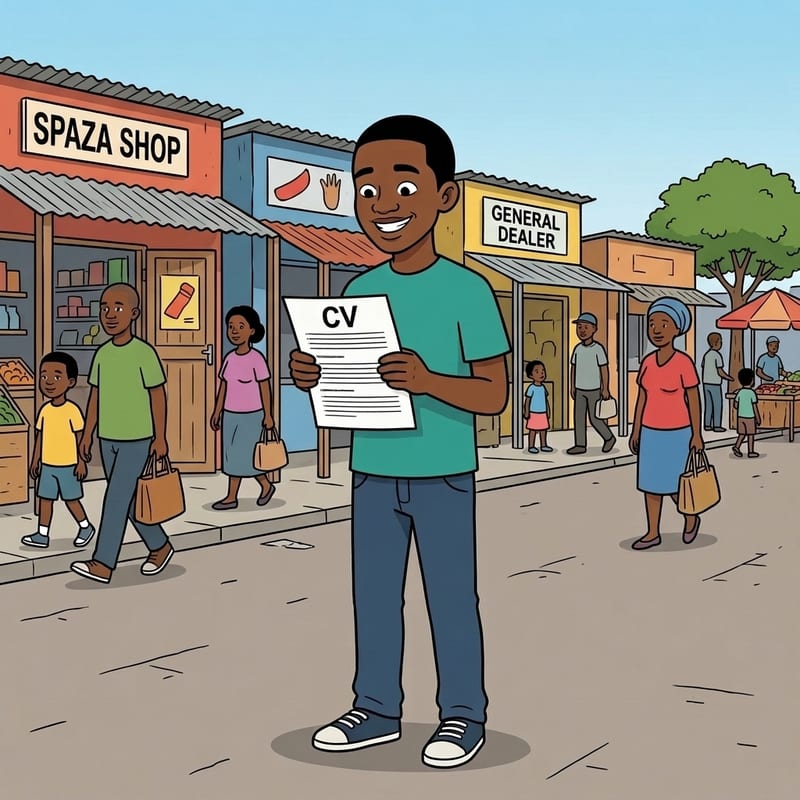 Thabo standing confidently in the street with his CV and his references ready