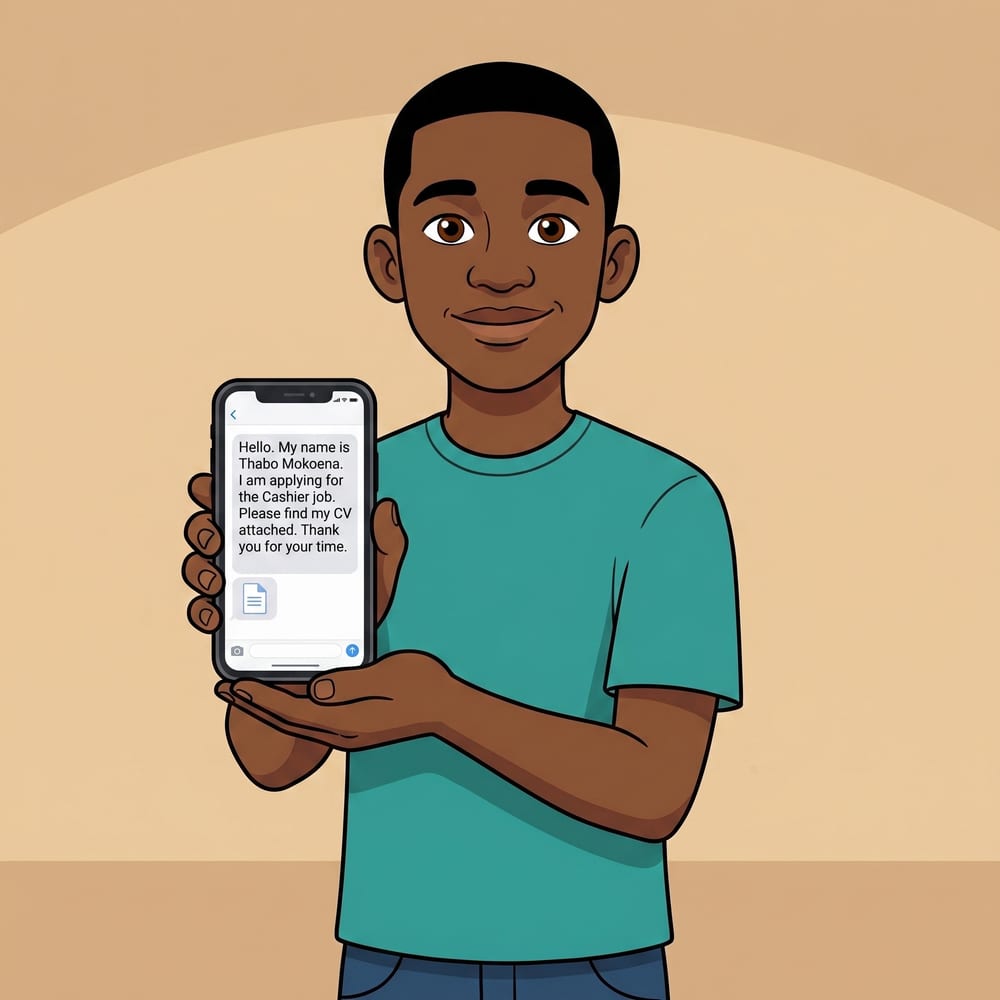 Thabo writing a polite WhatsApp message to send with his CV