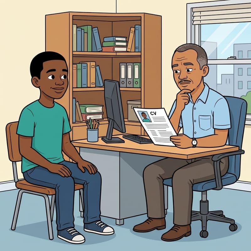 A manager reading Thabo's CV during a job application